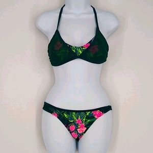 Xhilaration Tropical Floral Leaf Mesh Blue Tie Bikini Set Medium Small Vacation
